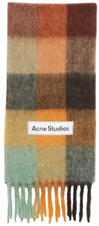 Mohair checked scarf Chestnut brown/yellow/green