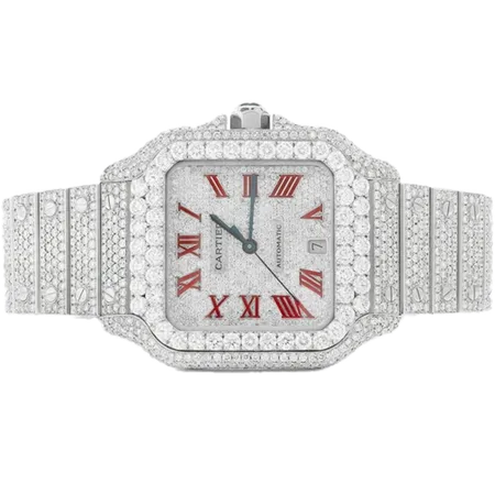 Cartier Santos De Cartier Steel 40MM (4072) - 20.50ctw Fully Iced Out - Custom Red Enamel Pave Dial