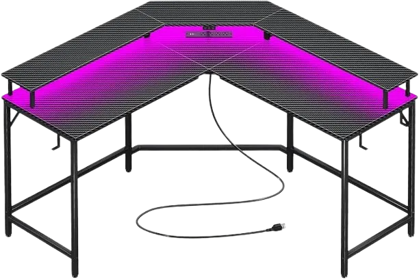 L Shaped Gaming Desk with Power Outlets & LED Lights