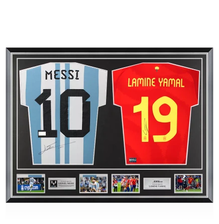 Lionel Messi Signed Argentina & Lamine Yamal Signed Spain Shirts In Classic Dual Frame