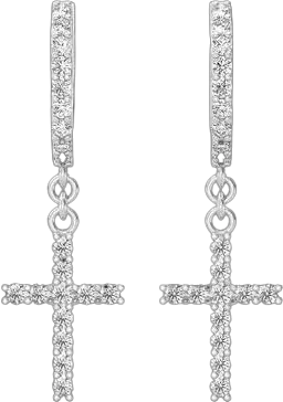 CROSS DANGLING HOOP DIAMOND EARRINGS 14K SOLID GOLD 0.40CTW