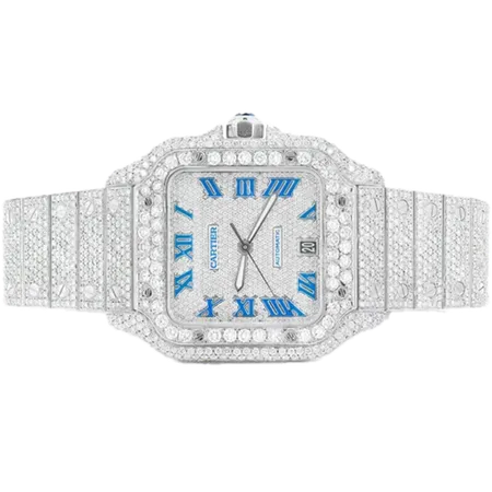 Cartier Santos De Cartier Steel 40MM - 20.50ctw Fully Iced Out - Custom Blue Enamel Pave Dial