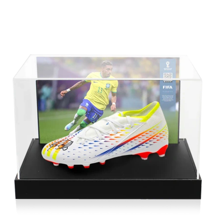 Raphinha Official 2022 FIFA World Cup™ Signed Adidas Predator Multi Coloured Boot In Photo Acrylic Case