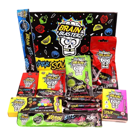 Brain Blasterz SMALL Sour Candy Variety Pack, Vegan Candy, Sour Chew Bar, Halal Candy, Sour Candy Gift Box w/ 12 pcs (13oz), Unique Candy Variety Pack, Lollipop, Sour Powder, Taffy, Halloween Candy