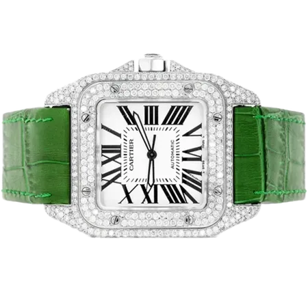 Cartier Santos De Cartier 40MM - Fully Iced Out - Green Leather Band
